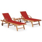 vidaXL Chaises longues lot de 2 avec table et coussin Bois teck solide