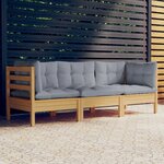 vidaXL Canapé 3 places de jardin et coussins gris Bois de pin solide