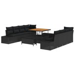 vidaXL Ensemble de Sofa de Jardin en 11 Pièces avec Coussins Noir Poly Rattan Acacia