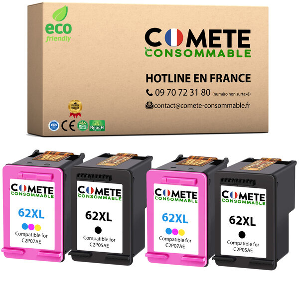 COMETE, PME Française - 62XL - 4 Cartouches d'encre Compatibles avec HP 62 XL (C2P05AE + C2P07AE) - 1 Noir + 1 Couleur (2 Noirs 2 Couleur)