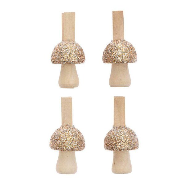 4 pinces champignons en bois pailletées dorées