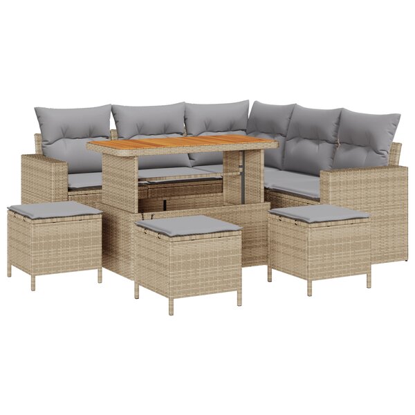 Ensemble de Canapé de Jardin 9 Pièces avec Coussins Beige Poly Rattan