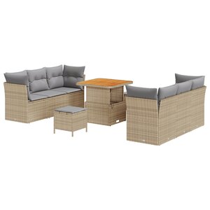 Ensemble de Canapé de Jardin 9 Pièces avec Coussins Beige Rotin Poly Acacia