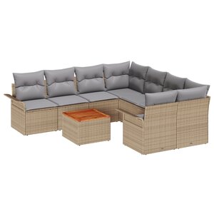 Ensemble de Canapés de Jardin 9 Pièces avec Coussins Beige Rattan Poly Acacia