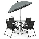 Ensemble salon de jardin 6 Pièces 4 chaises pliantes table basse en verre et parasol pour terrasse piscine cour noir 20_0002734