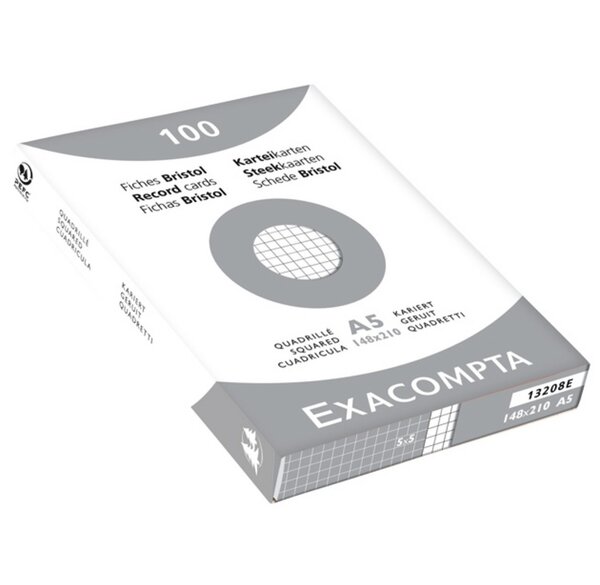 ETUI de 100 Fiches BRISTOL BLANC 55x74 mm Quad 5X5 Non perforée EXACOMPTA