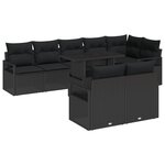 Ensemble de canapé de jardin 9 pièces avec coussins en poly rotin noir