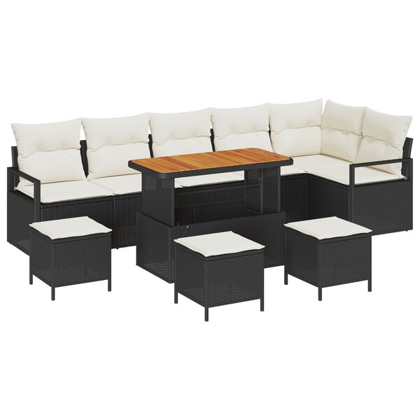 vidaXL Ensemble de Canapés de Jardin 10 Pièces avec Coussins Noir Poly Rattan Acacia