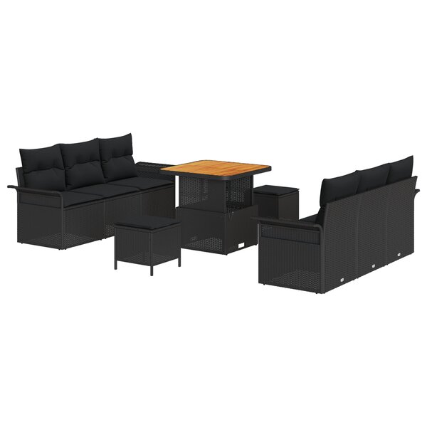 Ensemble de Canapé de Jardin 9 Pièces avec Coussins Noir Poly Rattan Acacia