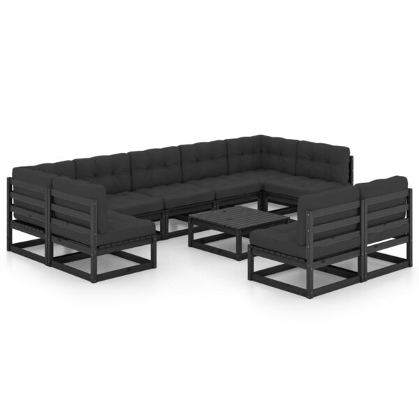 Salon de jardin meuble d'extérieur ensemble de mobilier 10 pièces avec coussins noir bois de pin massif 02_0015110