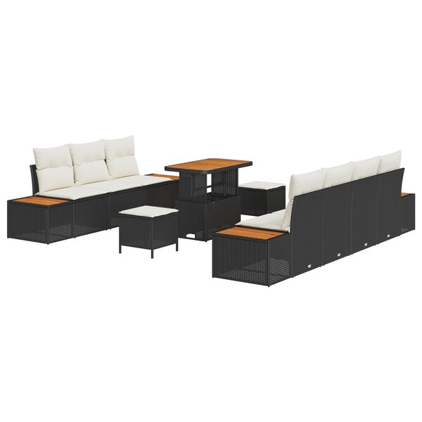 Ensemble de Canapé de Jardin de 10 Pièces avec Coussins Noir Poly Rattan Acacia