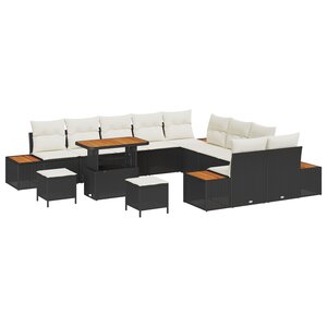 Ensemble de Canapés de Jardin 13 Pièces avec Coussins Noir Poly Rattan Acacia