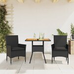 vidaXL Ensemble à manger de jardin et coussins 3 Pièces noir rotin acacia