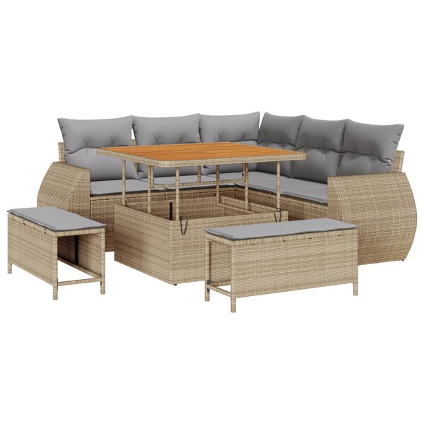 Ensemble de 8 pièces de canapés de jardin avec coussins beige en rotin poly acacia