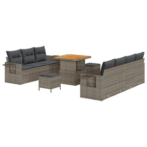 Set de Canapé de Jardin en 10 pièces avec Coussins Gris Poly Rattan Acacia