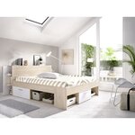 Lit adulte - 140 x 190 cm - 3 tiroirs + Tête de lit avec rangement - chêne et blanc