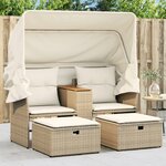 vidaXL Canapé de jardin 2 places avec auvent et tabourets beige rotin