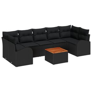 Ensemble de Canapés de Jardin de 8 Pièces avec Oreillers Noir Poly Rattan Acacia