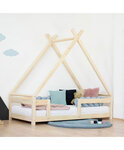 Lit Tipi enfant avec barrière bois massif gris 120 x 180 cm