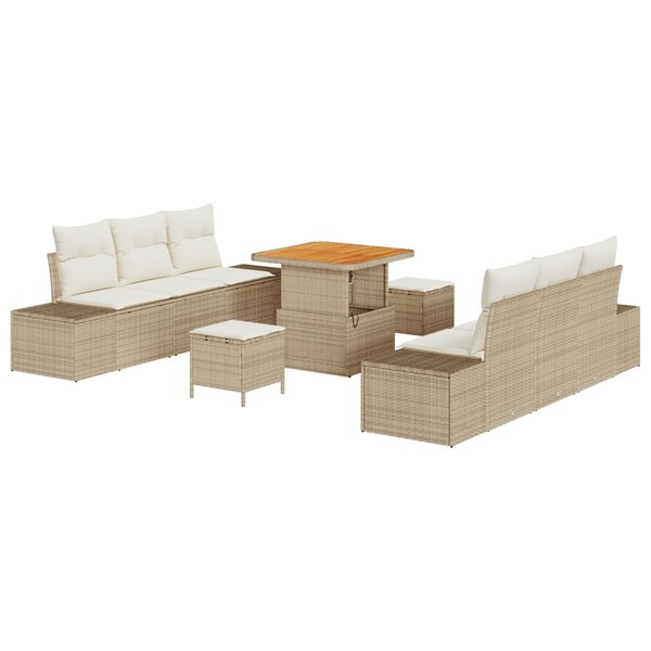 Ensemble de Canapé de Jardin 9 Pièces avec Coussins Beige Poly Rattan Acacia