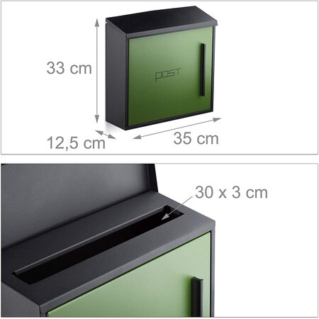 Boîte aux lettres murale moderne en acier bicolore design 35 cm noir vert