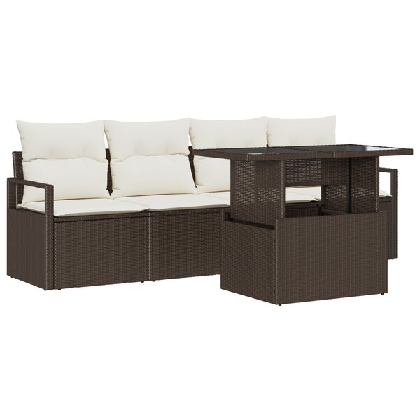 Ensemble de 5 pièces de canapés de jardin avec coussins en poly rotin marron