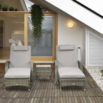 Lot de 2 transats bains de soleil grand confort : matelas  têtière  inclinaison réglable multipostions  accoudoirs  roulettes + table basse verre trempé résine tressée grise