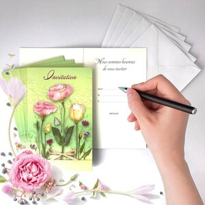 Lot 5 cartes invitation champêtre fleurs roses avec 5 enveloppes blanches 9x14cm