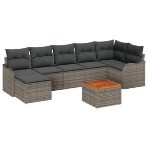 Ensemble de canapé de jardin 8 pièces avec coussins gris en poly rotin et acacia
