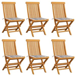 vidaXL Chaises de jardin et coussins à carreaux gris 6 Pièces Teck massif
