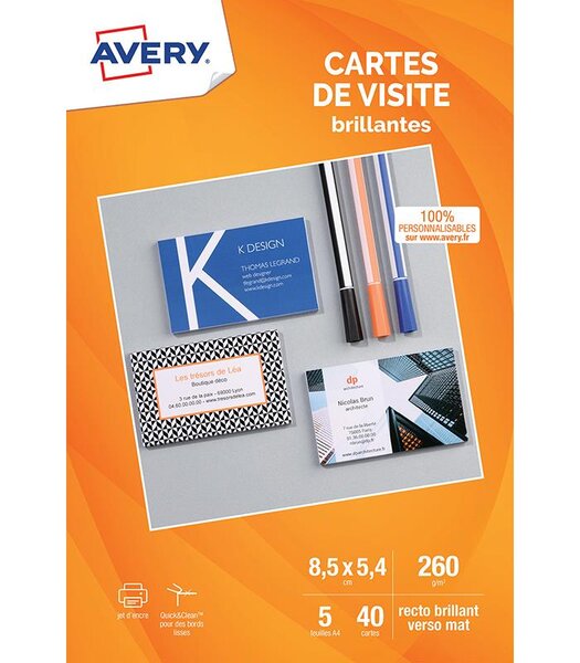 C32028-7 - 40 cartes de visite blanches à bords lisses. 85x54mm. Impression jet d'encre avery