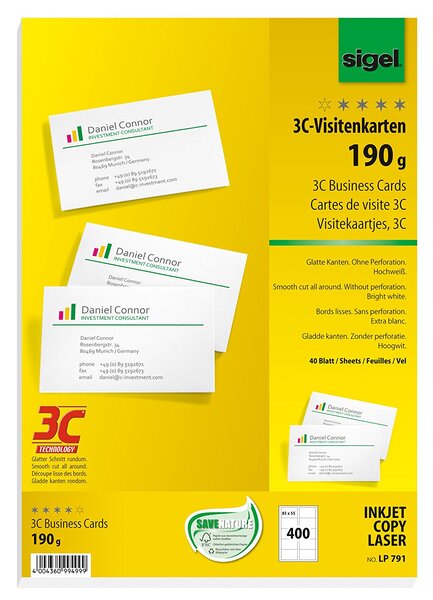 Bte 400 cartes de visite 85 x 55 mm 190g extra blanc sigel