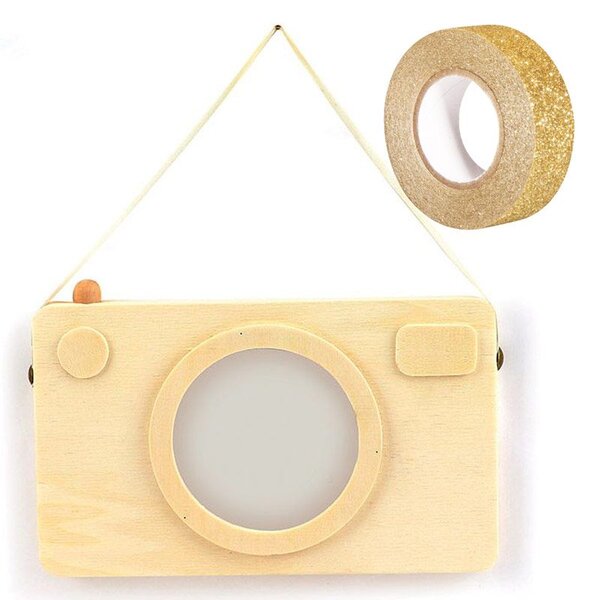 Cadre photo en bois Appareil photo Polaroïd 20 x 12 cm + masking tape doré à paillettes 5 m