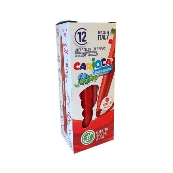 LOT de 12 Stylo marqueur Carioca Jumbo - Corps Maxi Octogonal - Encre Super Lavable - Pointe Verrouillée Maxi 6mm - Capuchon Ventilé - Couleur Rouge