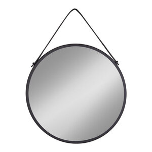Miroir noir rond en acier avec sangle en cuir synthétique Ø 60 cm