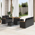 Ensemble de Canapés de Jardin 8 Pièces avec Coussins Noir Rattan Poly Acacia