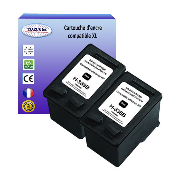 1+1 Cartouches compatibles avec HP PhotoSmart 2610, 2610v, 2610xi, 2613, 2615, 2710, 2710xi, 2713, 7800, 7830 remplace HP 338 Noire  - T3AZUR