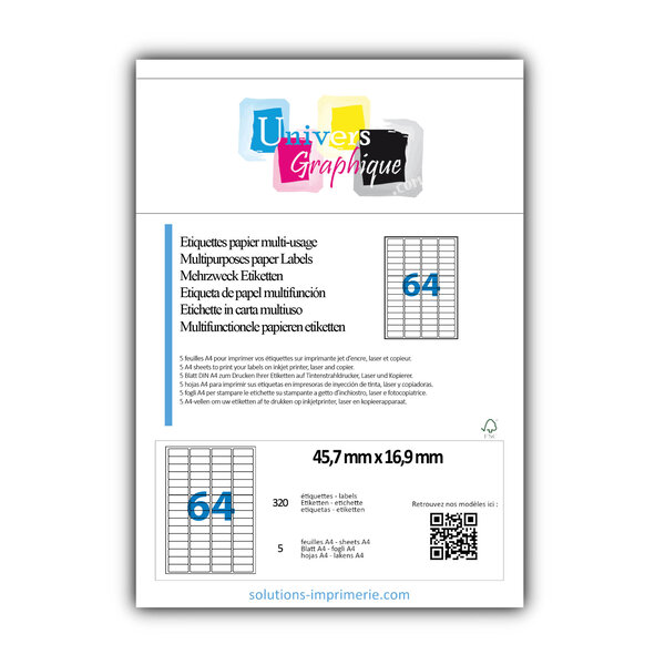 Lot de 5 planches a4 de 64 étiquettes à bords ronds 45 7 x 16 9 mm en papier blanc 70g/m² multifonction