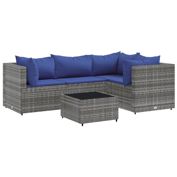 vidaXL Salon de jardin 5 Pièces avec coussins Gris Résine tressée