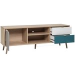 Meuble TV scandinave - chêne  gris  blanc  bleu pétrole - 1 Porte - 150 x 40 x Hauteur 51 cm