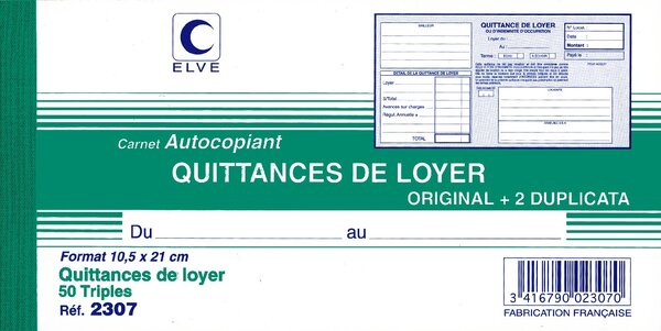 Manifold 105x210mm 50 Feuillets Tripli Quittances Loyer ELVE