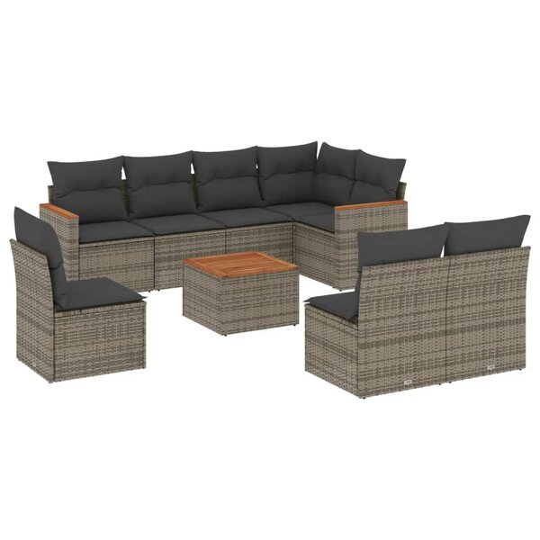 vidaXL Salon de jardin 9 Pièces avec coussins gris résine tressée