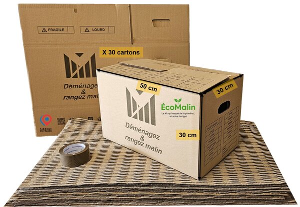 Kit Déménagement T2 – 30 cartons 50x30x30 cm  rouleau adhésif 68m  tapis de calage. Economique et prêt à l’emploi !