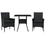 vidaXL Ensemble à manger de jardin et coussins 3 Pièces noir rotin verre