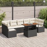 Ensemble de canapé de jardin 8 pièces avec coussins noir poly rotin