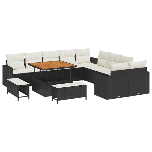 Ensemble de canapé de jardin 13 pièces avec coussins noir poly rotin acacia