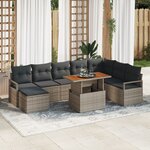 vidaXL Ensemble de Canapés de Jardin 9 Pièces avec Coussins Gris Rattan Poly Acacia