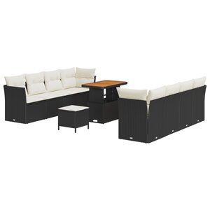 Ensemble de canapé de jardin 11 pièces vidaXL avec coussins Noir Poly Rattan Acacia