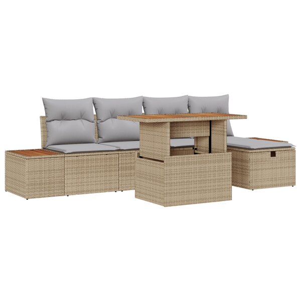 Ensemble de canapés de jardin de 6 pièces avec coussins en rotin poly beige et acacia