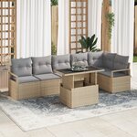 Ensemble de Canapé de Jardin 7 pièces avec Coussins Beige Poly Rattan
